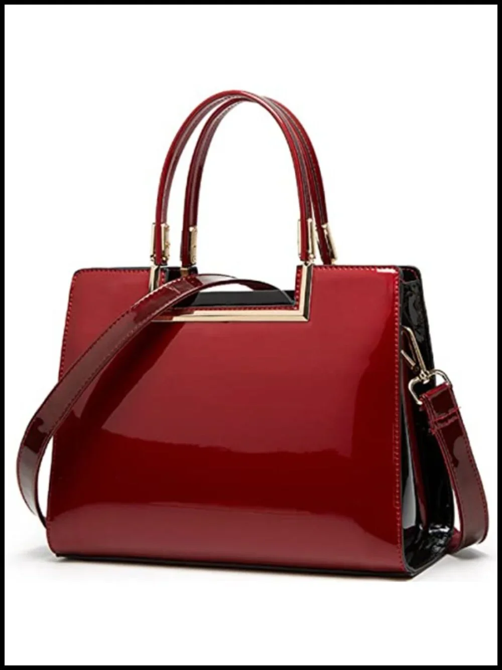 Shiny Patent Leather Satchel Handbag with Gold-Tone Hardware, Detachable Strap,